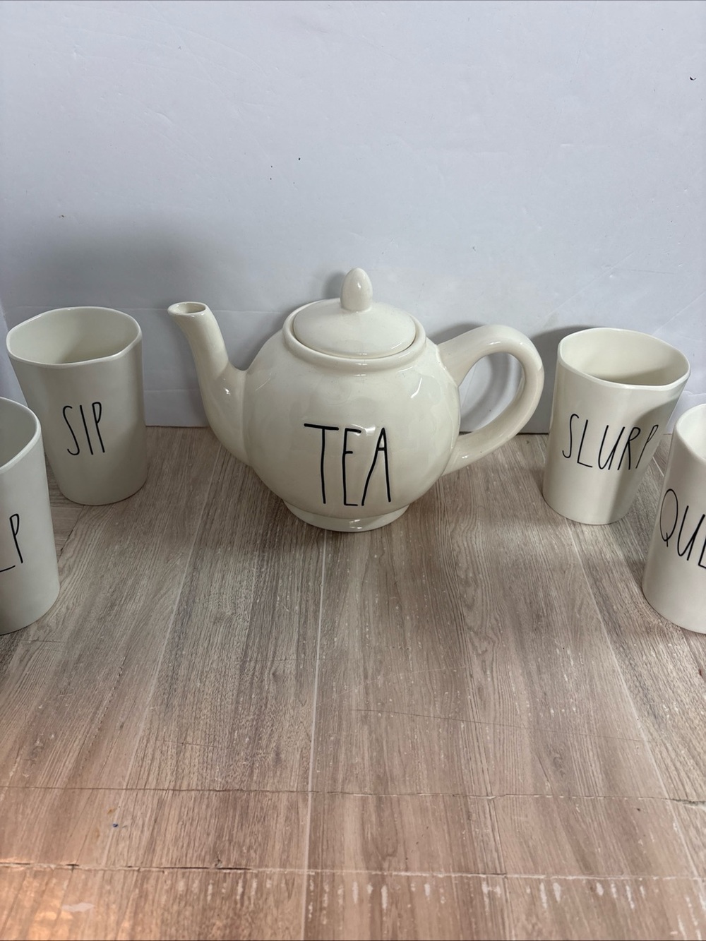 Rae Dunn Cream Ceramic TEA Teapot with Matching Cream Mugs